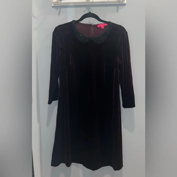 Betsey Johnson Burgundy Velvet Dress with Black Collar - Picture 2 of 3